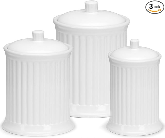 Omniware Simsbury 3-Piece Canister Set - Stoneware Kitchen Storage with Silicone-Sealed Lids, Lead-Free Glaze & Dishwasher Safe - Rustic Farmhouse-Style Flour & Sugar Containers (White)