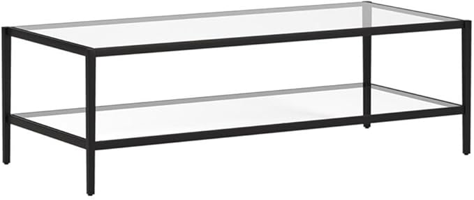 Henn&Hart 54" Wide Rectangular Coffee Table with Glass Shelf in Blackened Bronze, Modern coffee tables for living room, studio apartment essentials