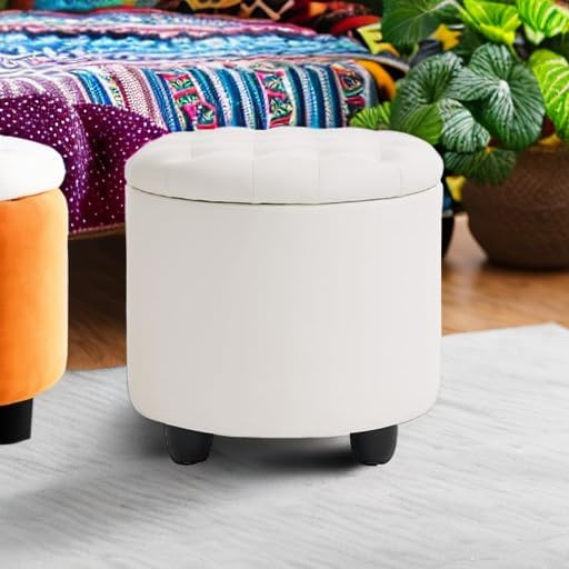 Furniliving Upholstered Button Tufted Round Ottoman, PU Storage Ottoman Round, Removable Lid Convenient Footstools, Classic Ottoman with Storage for Vanity, Nursery Room,IvoryWhite