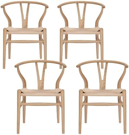Wishbone Chair Natural Solid Wood Dining Chair/Hans Wegner Y Chair Rattan and Wood Accent Armrest Chairs - Ash Wood Chairs Set of 4 (Ash Wood + Natural Color)