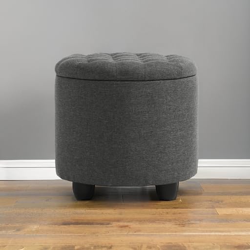 Furniliving 18.7inch Storage Round Ottoman, Footstools with Hidden Storage with Removable Lid, Stylish Button Tufted Design Ottoman Foot Stools for Living Room, Bedroom,Darkgrey