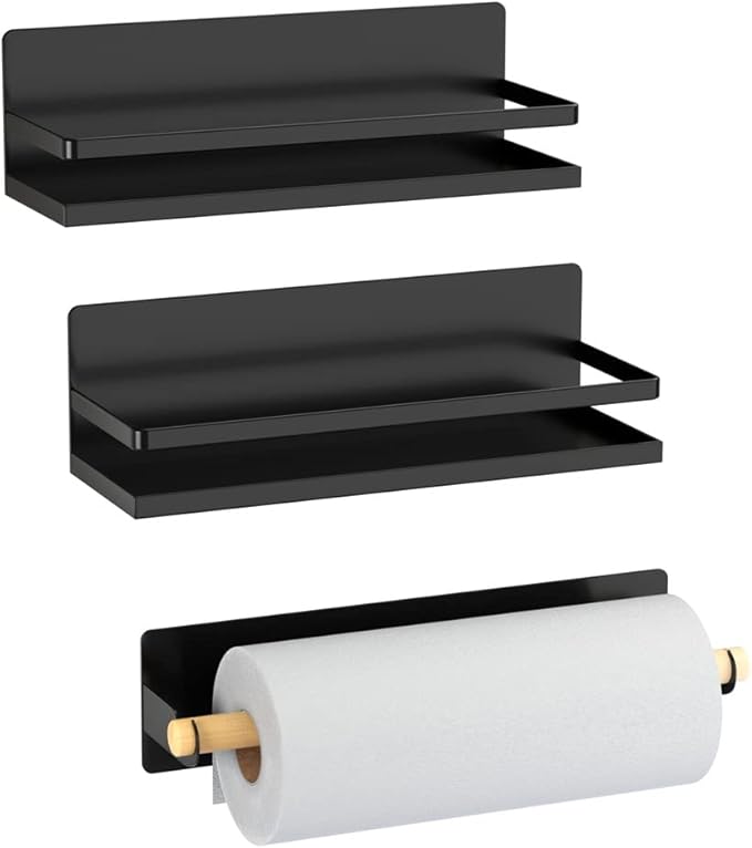 Magnetic Spice Rack Holder Paper Towel Holder with Hook for Refrigerator Fridge Organizer for Kitchen, Space Saver Container for Kitchen/Apartment, Drill Free, Black,3 Packs