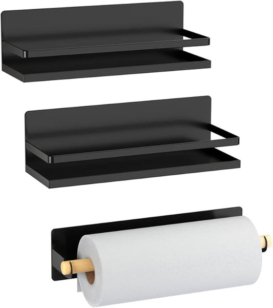 Magnetic Spice Rack Holder Paper Towel Holder with Hook for Refrigerator Fridge Organizer for Kitchen, Space Saver Container for Kitchen/Apartment, Drill Free, Black,3 Packs
