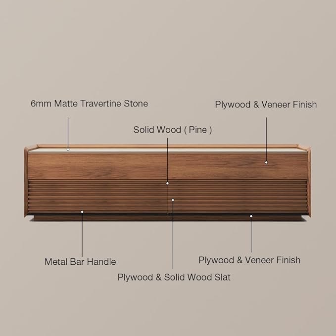 POVISON Fully-Assembled Mid Century Matte Sintered Stone TV Stand, 70.87" Wood Media Console with Adjustable LED Light, Entertainment Center with Storage for Living Room