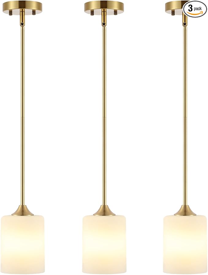 Modern Gold Pendant Light 3 Pack Brushed Brass Mid Century Chandelier White Cylinder Glass Shades Adjustable Rods Farmhouse Ceiling Hanging Lighting Fixture Kitchen Island Dining Room Bedroom