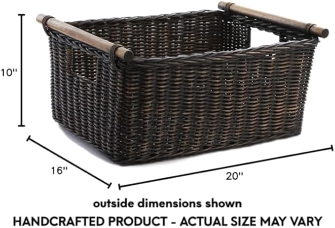 The Basket Lady Pole Handle Wicker Storage Basket, Extra Large, 20 in L x 16 in W x 10 in H, Antique Walnut Brown
