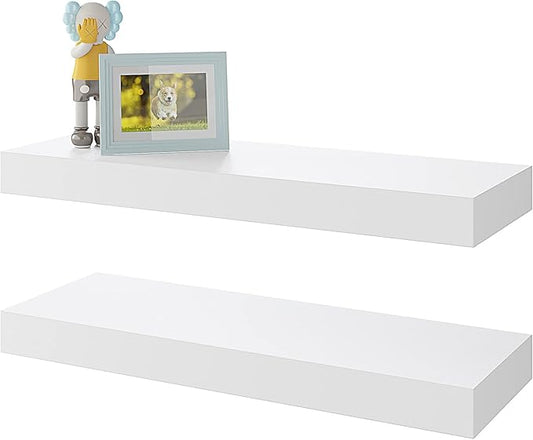 BAMEOS Floating Shelves, White Wall Mounted Wooden Shelves with Invisible Brackets Set of 2, Hanging Wall Shelves Decoration for Bedroom, Bathroom, Living Room and Kitchen