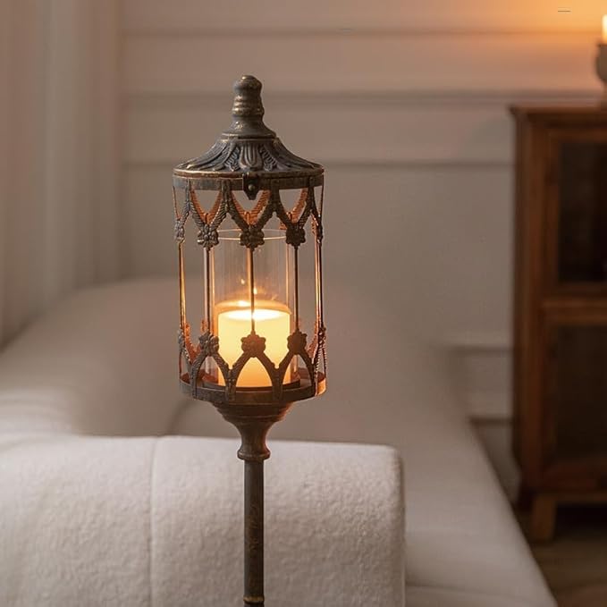 Vintage Floor Candelabra - 37.1" Tall Antique Gold Candle Holder with Glass Lantern, Rustic Gothic Metal Pillar Stand for Home Decor, Wedding & Event Centerpiece