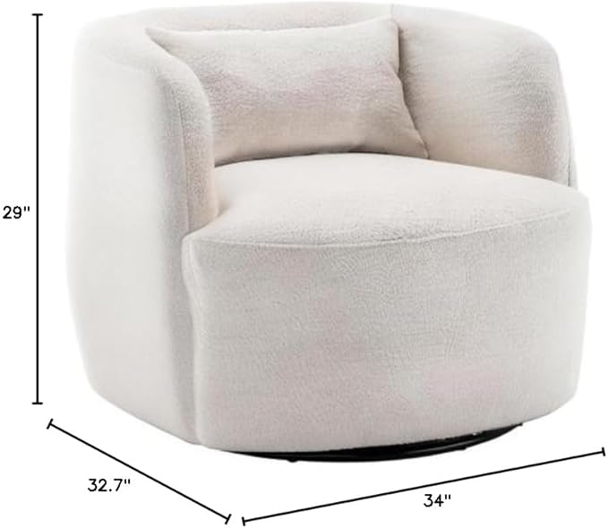 KINWELL 34" Wide Boucle Swivel Barrel Chair, No Assembly Round Upholstered Armchair Accent Chair Single Sofa Chair with Toss Pillow for Living Room and Bedroom, Beige