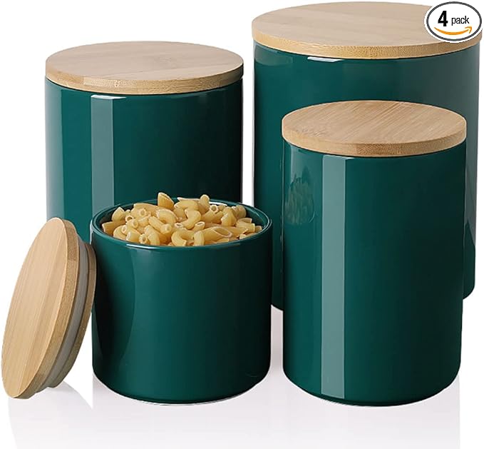 Sweejar Ceramic Kitchen Canister Sets, Porcelain Container for Countertop, Heavy Food Storage Jars with Airthight Seal Bamboo Lid, Servering for Sugar, Coffee Beans, Tea Leaves, Pack of 4(Jade)