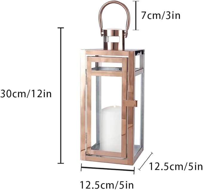 TRIROCKS Stainless Steel Decorative Lantern 12'' High Metal Candle Holder with Clear Glass Panels Perfect for Home Decor Living Room Parties Events Tabletop Indoors Outdoors (Rose Gold)