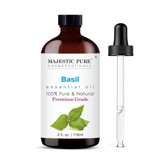 Majestic Pure Basil Essential Oil with Glass Dropper - Huge 4 Fl Oz - 100% Pure and Natural Basil Oil - Premium Grade Essential Oils for Diffuser, Aromatherapy, Soap and Candle Making