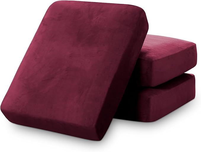 PrinceDeco Stretch Couch Cushion Covers Fitted Individual Seat Couch Slipcover Sets Velvet Fabric Soft Slip Cover for Chair Sofa Cushion Furniture Protector(Each Width Up to 29.5",Burgundy)
