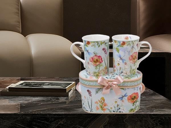 Lightahead Elegant Bone China Two Coffee Mugs Set in Floral Design 10.8 oz Each Cup in Attractive Gift Box