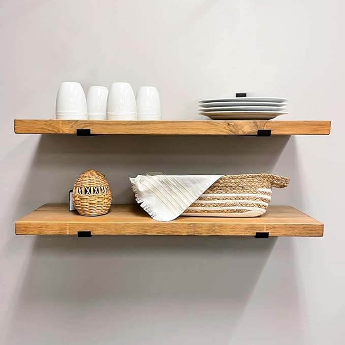 Rustic Shelves with J-Brackets Set of 2, Industrial Shelf, Kitchen Shelves, Solid Wood, Decorative Wall Storage, Heavy Duty, URBANDI (Brown, 24Wx8D)