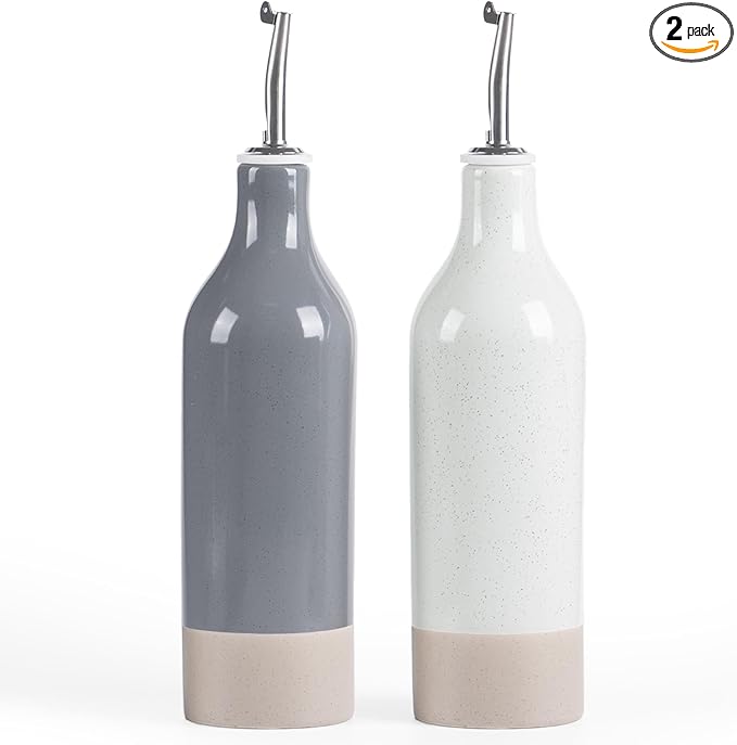 famiware Milkyway 16oz Ceramic Olive Oil Dispenser Bottle, Olive Oil and Vinegar Dispenser Bottle Set of 2 with Stainless Steel Pourers, Suitable for Storage Vinegar, Liquids, White and Dark Gray