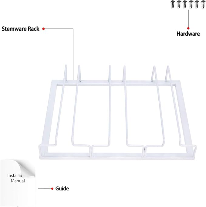 Wine Glass Rack - Under Cabinet Stemware Wine Glass Holder Glasses Storage Hanger Metal Organizer for Bar Kitchen White