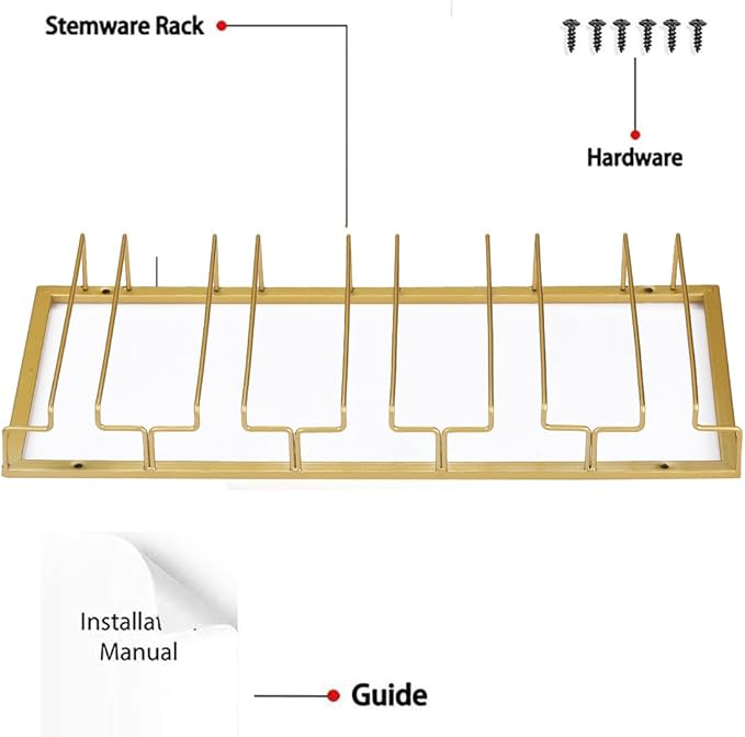 Wine Glass Rack - Under Cabinet Stemware Wine Glass Holder Glasses Storage Hanger 1 Pack Metal Organizer for Bar Kitchen 5 Rows Gold