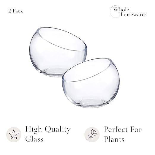 WHOLE HOUSEWARES | Slant Cut Bowl Glass Vase, Width 6.3", Height 5", Clear Terrarium Jar, Candy Jar, Fruit Jar, Floral Container for Wedding Party Event, Home Office Decor, 1 Piece
