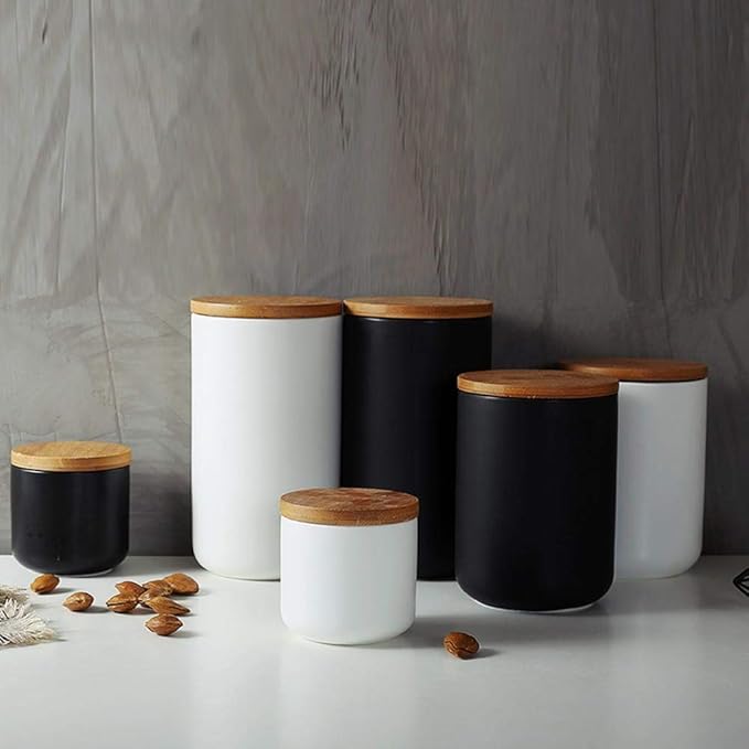 Ceramic Food Storage Jar Canister Modern Design Food Canisters with Airtight Seal Bamboo Lid, Loose Tea Coffee Spice Nuts Snacks Storage Jar Canister (White 33.81oz/1000ml)