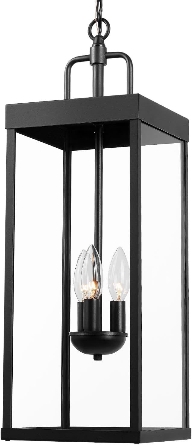 Large Outdoor Pendant Lantern Light Fixture for Front Porch, 24 Inch 3-Light Black Exterior Hanging Chandelier with Clear Glass, Outdoor Indoor Pendant Lamp for Patio, Gazebo, Entryway, Doorway