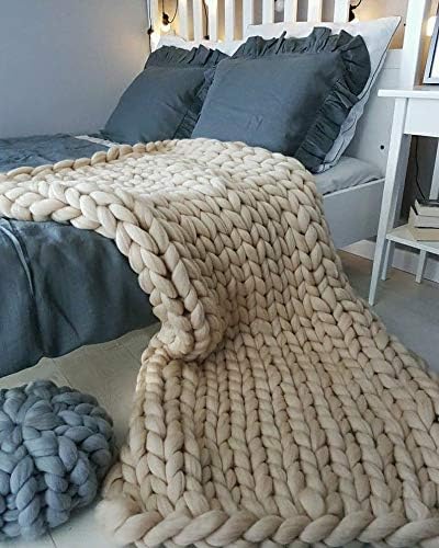 Chunky Knit Blanket Throw - Handmade, Gift Sofa Bed Blanket (Camel 47"x71")