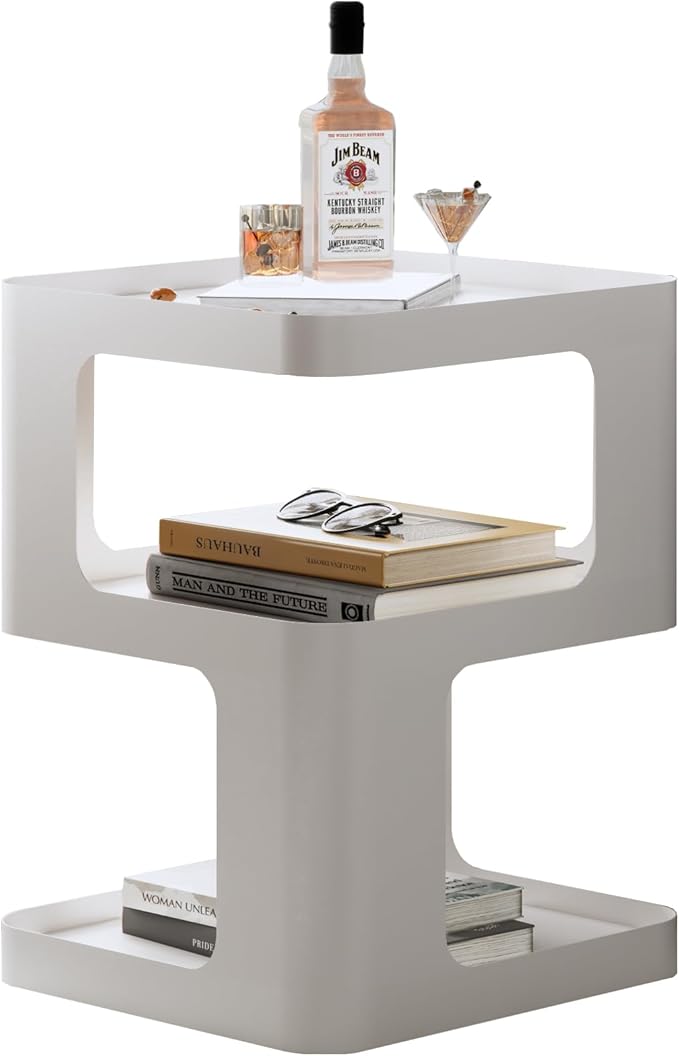 Modern Side Table,White end Table,Unique nightstand,Bedside Table,Metal 3-Tier Night Stand with Storage,Accent Side Table for Couch,Bedroom,Living Room.No Assembly Required.
