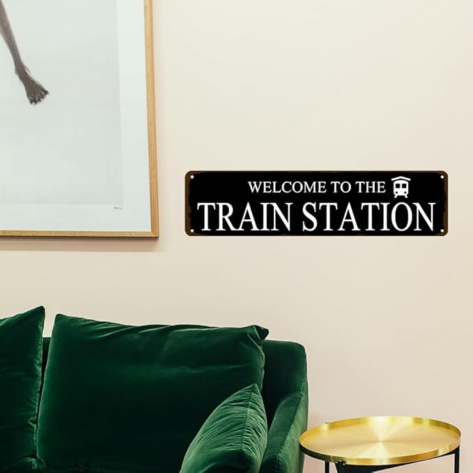 Rustic Train Station Sign Vintage Metal Tin Sign Welcome To The Train Station Signs Train Decor Home Bar Pub Poster Wall Art Decorative 4x16 Inch