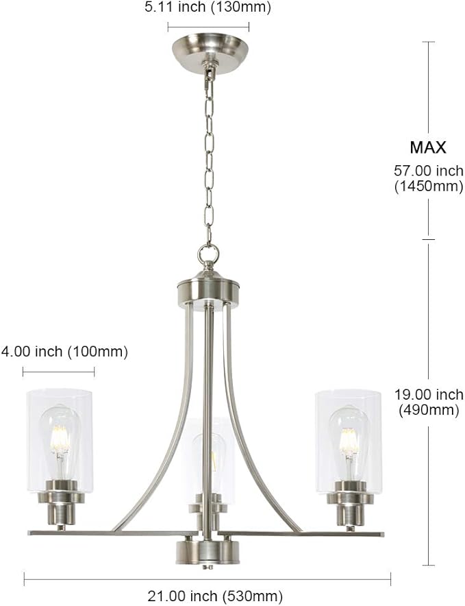 BONLICHT Contemporary Chandelier 3 Light Brushed Nickel Modern Lighting Fixtures Hanging Clear Glass Shades Pendant Light Classic Ceiling Lamp for Kitchen Dinging Room Living Room Bedroom Hallway