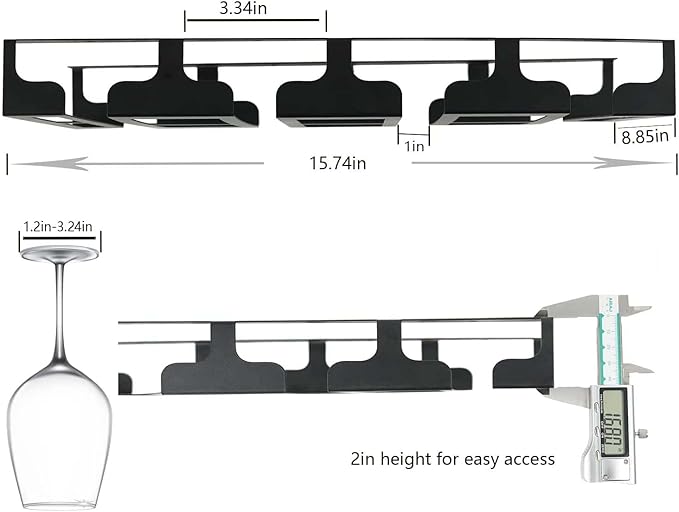 Wine Glass Rack - Under Cabinet Stemware Wine Glass Holder Glasses Storage Hanger Metal Hanging Organizer for Bar Kitchen 4 Rows Black