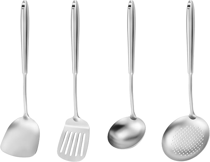 15" Wok Spatula and Ladle,Skimmer Spoon, Slotted Turner Spatula,304 Stainlss Steel Matte Kitchen Utensils Set,4PCS Wok Accessories,Cooking Utensils Tools
