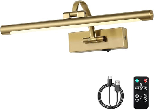 Battery Operated Picture Light with Remote and Timer, Wireless Art Lights for Paintings Brass Rechargeable Gallery Light Dimmable Artwork Lighting for Canvas, Portrait 16'' Inch Warm White