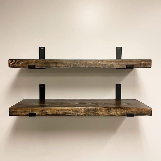 Rustic Shelves with J-Brackets Set of 2, Industrial Shelf, Kitchen Shelves, Solid Wood, Decorative Wall Storage, Heavy Duty, URBANDI (Dark Brown, 12Wx12D)
