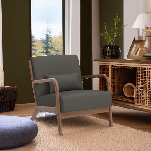 INZOY Mid Century Modern Accent Chair with Wood Frame, Upholstered Living Room Chairs with Waist Cushion, Reading Armchair for Bedroom Sunroom (Green)