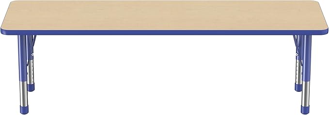 Factory Direct Partners FDP Rectangle Activity School and Classroom Kids Table (24 x 72 inch), Chunky Toddler Legs, Adjustable Table Height 15-24 inches - Maple Top and Blue Edge