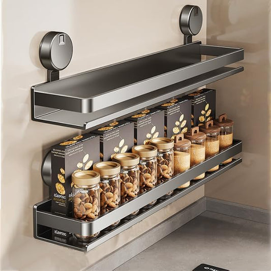 Spice Rack Wall Mounted 2 Pack,Suction Cups Spice Organizer for Cabinet,Large Capacity Metal Spice Shelf for Kitchen Cabinet, Pantry Doors, Bathroom, Shower, Home Decor (15.7 inch)