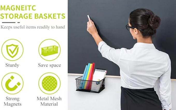 Neudeco Magnetic Locker Organizer and Accessories,Wire Mesh Magnetic Storage Basket ,Magnetic Holder for Dry Erase Markers,Strong Magnet Pen Holder for Fridge School,Pack 3 (Black)