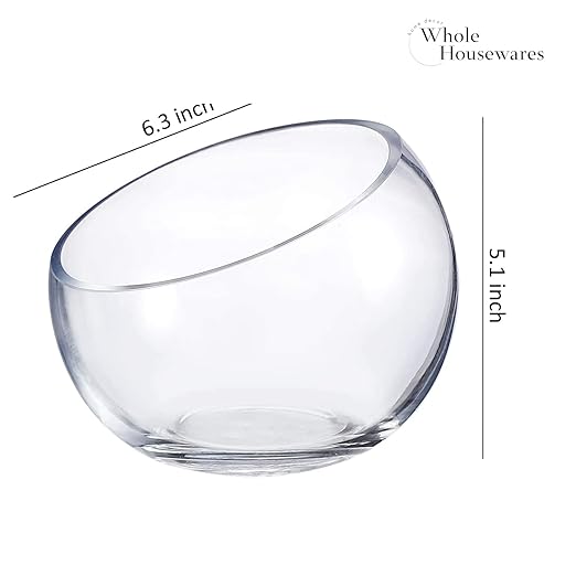 WHOLE HOUSEWARES | Slant Cut Bowl Glass Vase, Width 6.3", Height 5", Clear Terrarium Jar, Candy Jar, Fruit Jar, Floral Container for Wedding Party Event, Home Office Decor, 1 Piece
