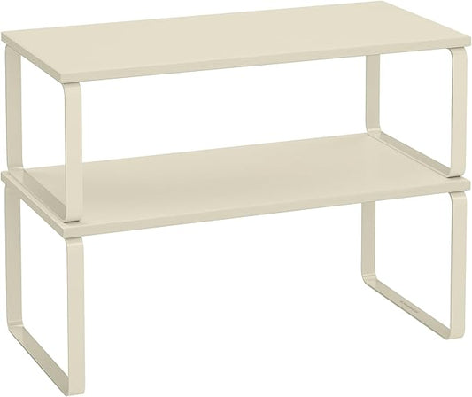 SONGMICS Cabinet Organizer Shelf, Set of 2 Kitchen Counter Shelves, Kitchen Storage, Spice Rack, Stackable, Expandable, Metal and Engineered Wood, Cream White UKCS200W02