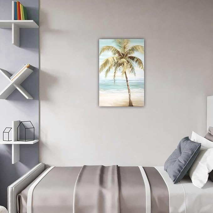 LURENCZH Tropical Beach Canvas Wall Art Seaside Palm Tree Picture Wall Decor Ocean Scenery Painting Prints for Bathroom Decor Framed(Beach-1,20.00" x 30.00")