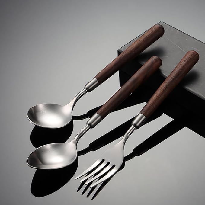 Silverware Set 12 Piece Flatware Cutlery Set Service for 3,18/10 Stainless Steel Forged Walnut Wooden Handle Matte Brushed Dishwasher Safe Premium Durable Utensil Sets for Home Kitchen Wedding