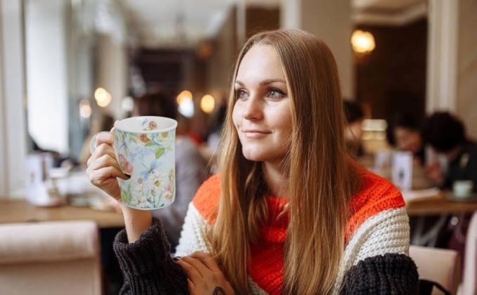 Lightahead Elegant Bone China Two Coffee Mugs Set in Floral Design 10.8 oz Each Cup in Attractive Gift Box