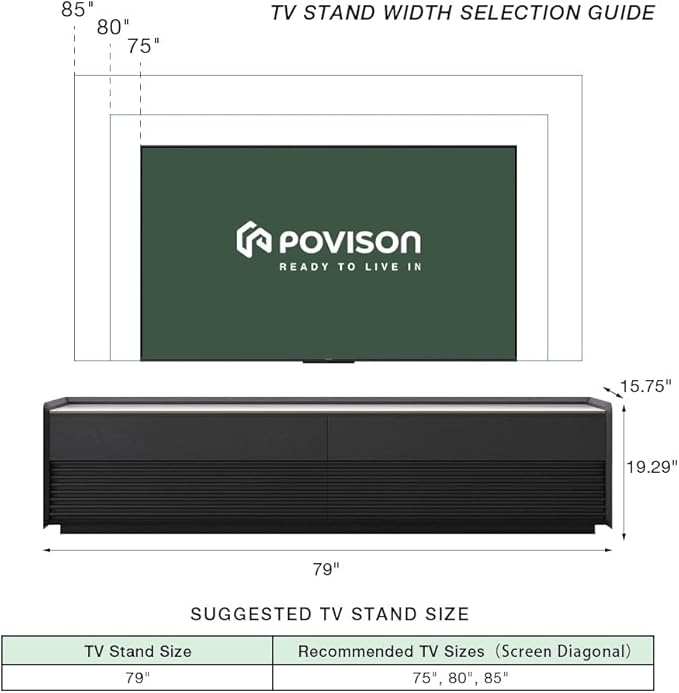 POVISON Fully-Assembled Mid Century Glossy Sintered Stone TV Stand, 78.74" Wood Media Console with Adjustable LED Light, Entertainment Center with Storage for Living Room