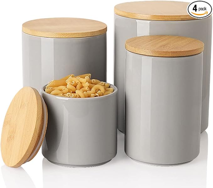 Sweejar Ceramic Kitchen Canister Sets, Porcelain Container for Countertop, Heavy Food Storage Jars with Airthight Seal Bamboo Lid, Servering for Sugar, Coffee Beans, Tea Leaves, Pack of 4(Gray)