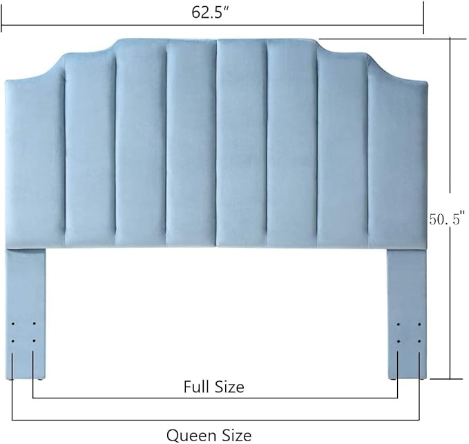 24KF Seaglass Velvet Tufted Queen Upholstered Headboard, Modern Vertical Channel Design California Queen/Full Headboard with Stepped Silhouette Top Edge, Seaglass