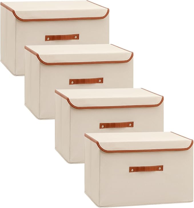 Tuza 4 Pack Large Fabric Storage Bins with Lids, Foldable Storage Boxes with Lids for Organizing, Decorative Storage Boxes with Handles for Home, Bedroom, Closet, Office(Khaki, Extra Large)