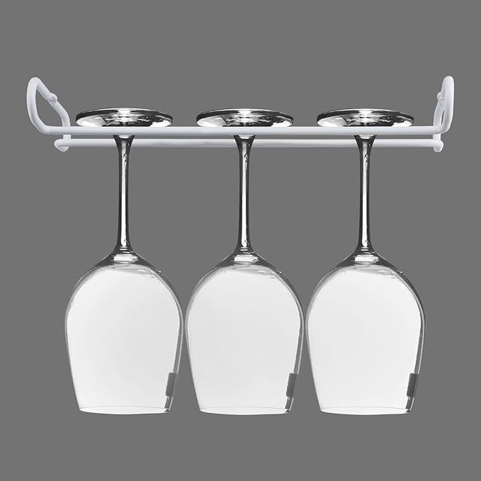 set 2 White Wine Glass Rack Under Cabinet Shelf 10 Inch Stemware Storage Hanging Hanger Organizer Glasses Holder with Drying Under Counter Metal for Kitchen and Bar