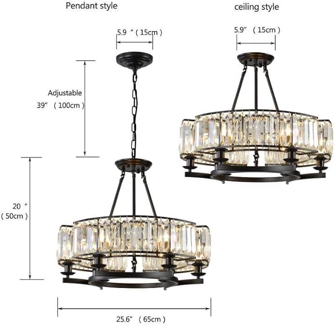 Vintage Crystal Chandelier Black 6 Lights Hanging Ceiling Light Fixture Iron Frame Pendant Lighting for Farmhouse Decoration Dining Table Living Room