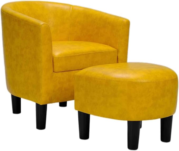 INZOY Modern Accent Chair with Ottoman for Small Space, Club Chair with Ottoman Set, Comfy PU Leather Barrel Reading Chairs for Living Room Bedroom, Round Reading Chair with Foot Rest, Yellow