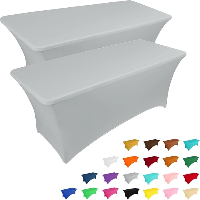 IVAPUPU 2 Pack 6FT Table Cloth for Rectangular Fitted Events Stretch Grey Table Covers Washable Cover Spandex Tablecloth Protector for Party, Wedding, Cocktail, Banquet, Festival